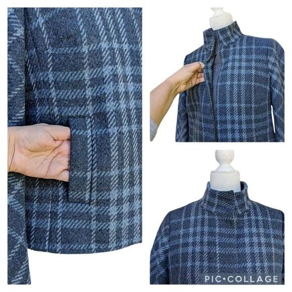 Talbots Blue Gray Plaid Blazer Coat Jacket Wool Pockets Mock Neck Snaps Size 6 - Picture 3 of 9